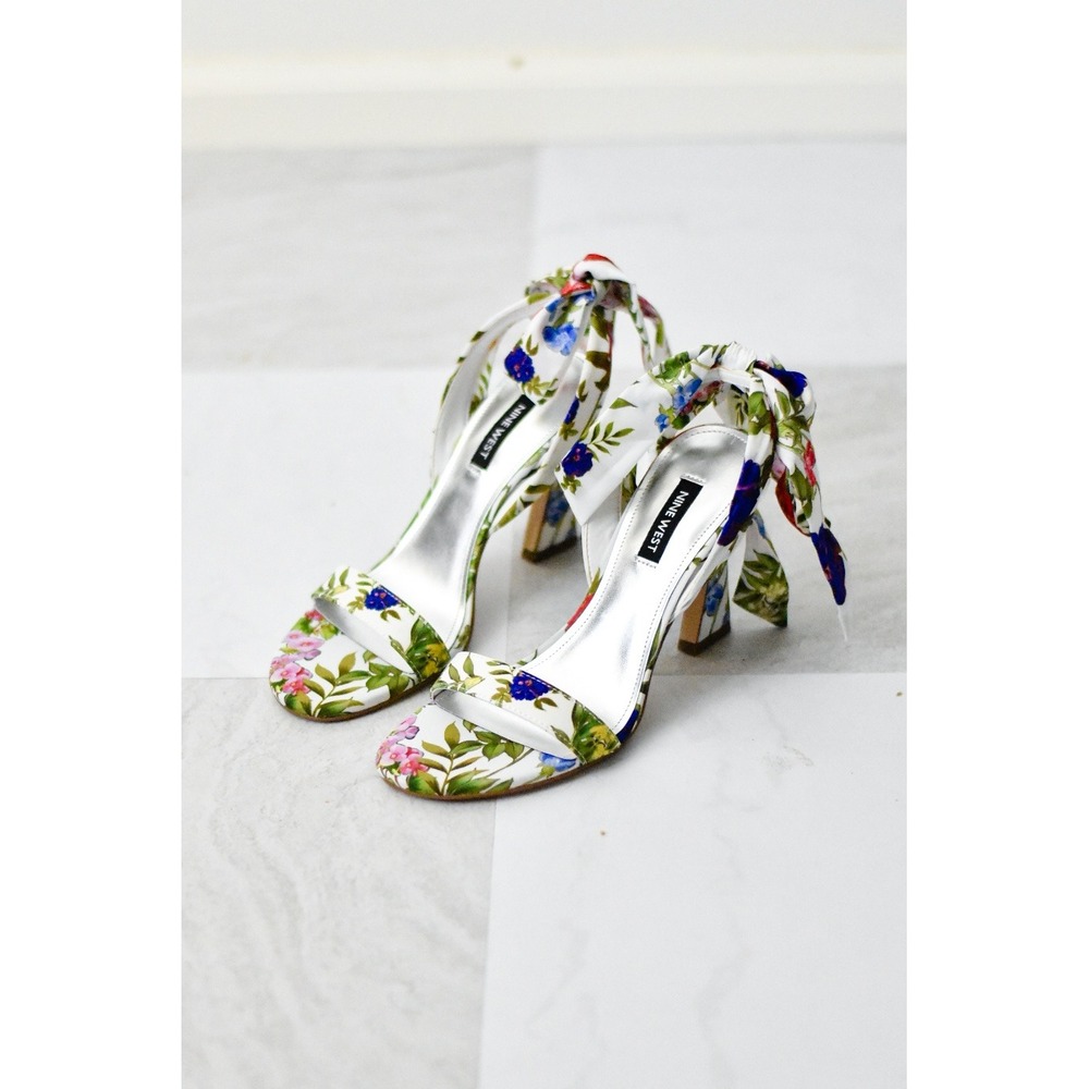 Nine West Floral Block Heel Sandals Womens 6.5 White Botanical Ankle Tie Bow Y2K